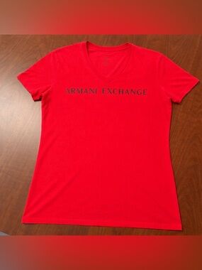 Armani Exchange AX Red V Neck Tee XL Cotton Logo Graphic Casual